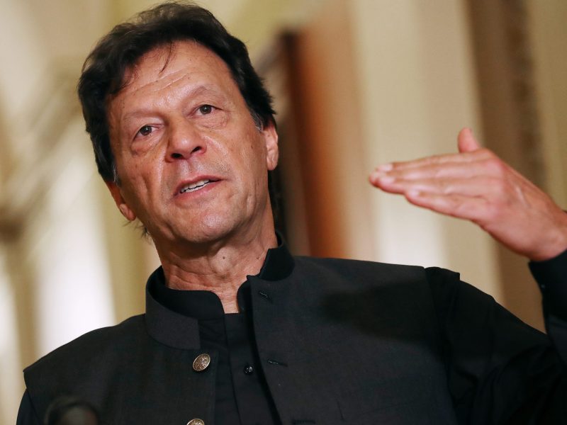 Pakistan Prime Minister Imran Khan makes a brief statement to reporters before a meeting with U.S. House Speaker Nancy Pelosi (D-CA) at the U.S. Capitol July 23, 2019 in Washington, DC. Photo by Chip Somodevilla/Getty Images