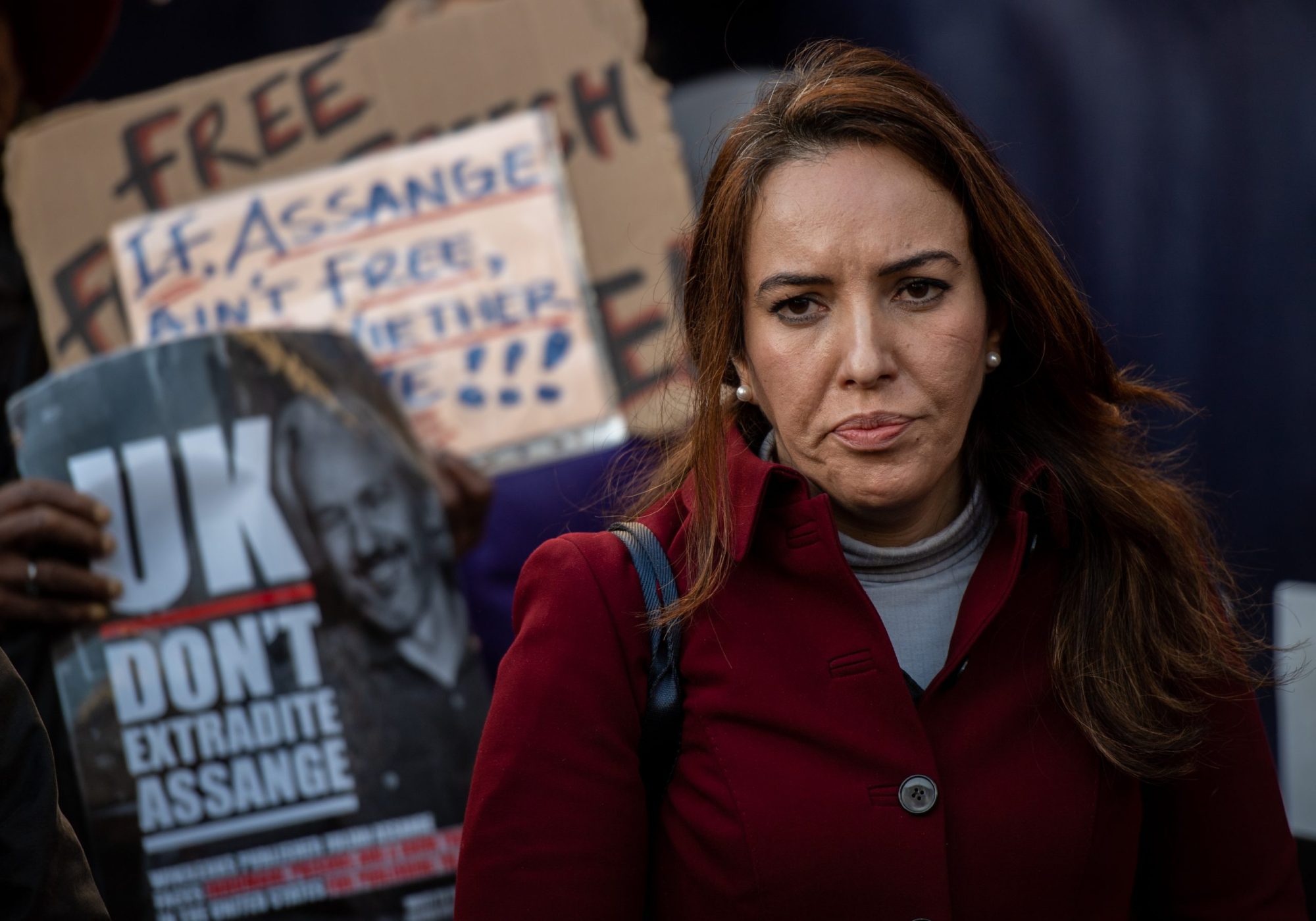 Stella Morris, partner of Julian Assange, waits to speak to the press outside the Royal Courts of Justice following an extradition hearing on December 10, 2021 in London, England. Photo by Chris J Ratcliffe/Getty Images