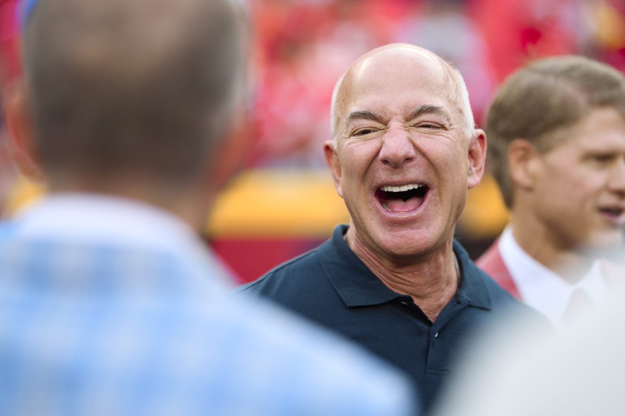 Jeff Bezos looks on from the sidlines before kickoff between the Kansas City Chiefs and Los Angeles Chargers at GEHA Field at Arrowhead Stadium on September 15, 2022 in Kansas City, Missouri. Photo by Cooper Neill/Getty Images