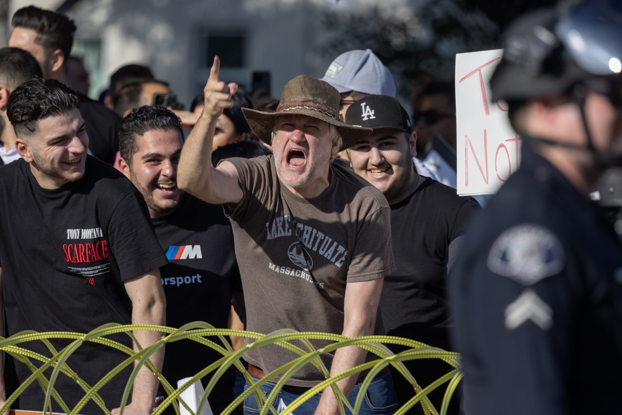 An anti-LGBTQ+ demonstrator yells at pro- demonstrators from behind police barricades outside a Glendale Unified School District (GUSD) Board of Education meeting on June 20, 2023 in Glendale, California. Photo by David McNew/Getty Images