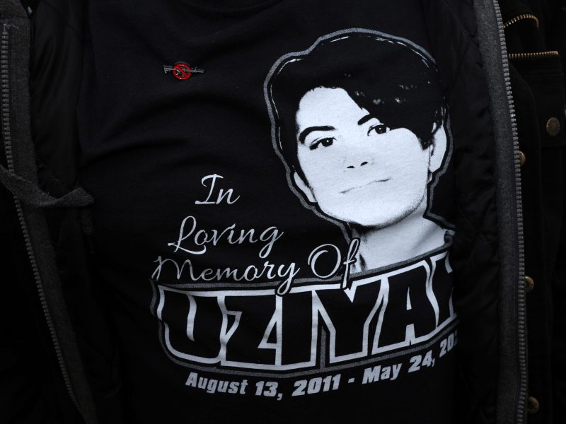 Brett Cross wears a T-shirt that features his son and Uvalde mass shooting victim Uziyah Garcia during a “Generation Lockdown” event on gun control at the National Mall on March 24, 2023 in Washington, DC. Photo by Alex Wong/Getty Images