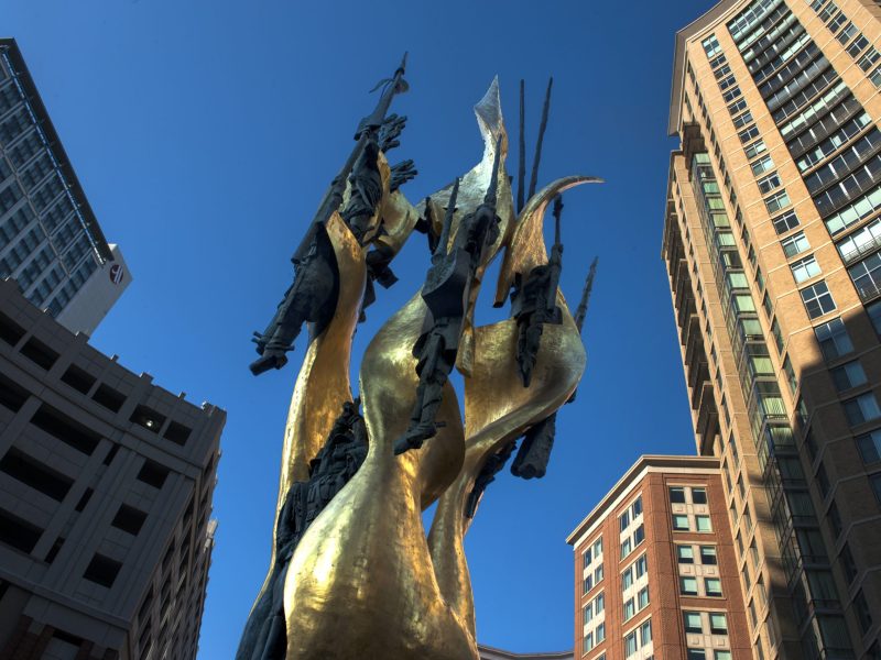 The Katyn Memorial rises from the circle in Harbor East Wednesday, Feb. 14, 2013, in Baltimore, Maryland.
