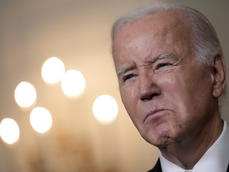 US President Joe Biden delivers remarks on the Oct. 7 Hamas attacks in Israel in the State Dining Room of the White House Oct. 10, 2023 in Washington, DC.