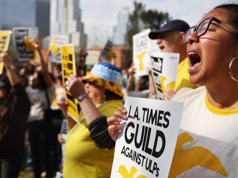 Los Angeles Times Guild members rally outside City Hall against ‘significant’ imminent layoffs at the Los Angeles Times newspaper during a one-day walkout on January 19, 2024 in Los Angeles, California. Photo by Mario Tama/Getty Images