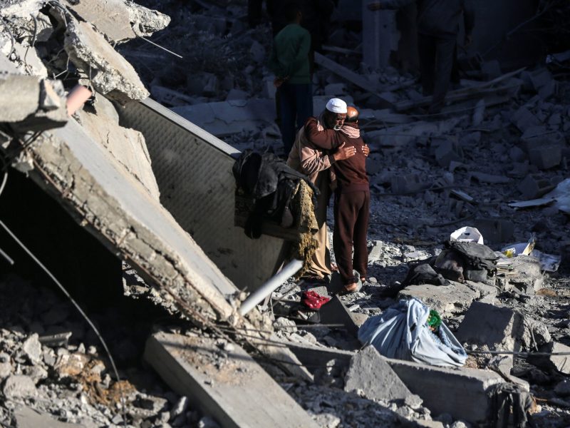 Palestinians inspect the debris of a house destroyed by Israeli bombing in Deir al-Balah, central Gaza Strip, on March 4, 2024, amid the ongoing conflict between Israel and the Palestinian militant group Hamas.. Photo by Majdi Fathi/NurPhoto via Getty Images