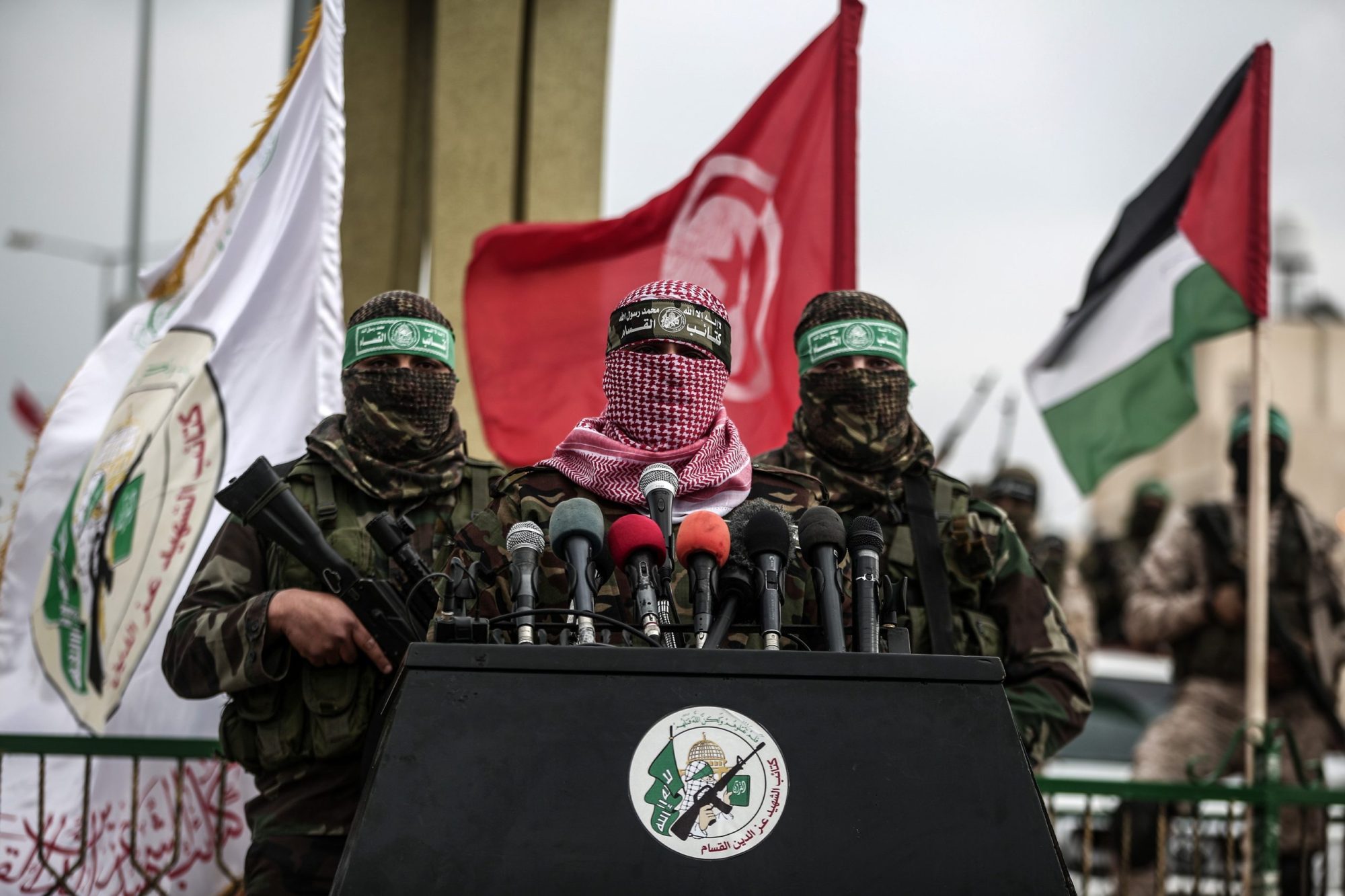 The armed branch of Hamas, Izz ad-Din al-Qassam Brigades spokesman, Abu Obeida speaks during the opening ceremony of the monument for assassinated Tunisian aircraft engineer Muhammed ez-Zevvari, by Izz ad-Din al-Qassam Brigades in Rafah, Gaza on January 31, 2017. Photo by Ali Jadallah/Anadolu Agency/Getty Images