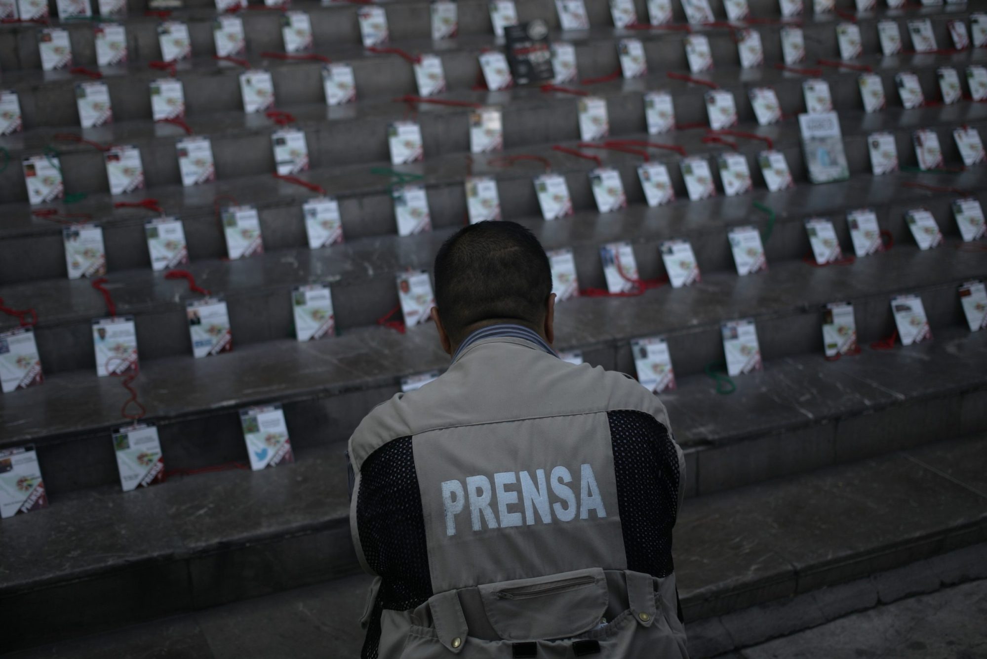 Journalists lay out the credentials of their murdered colleagues during a demonstration after the Mexican journalist Javier Valdez murder at the Attorney General's Office of Jalisco on May 16, 2017, in Guadalajara, Mexico.